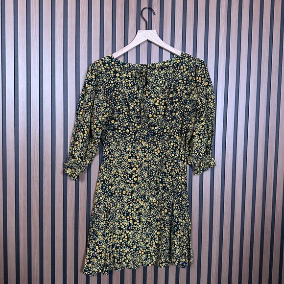 Faithful The Brand Sun Dress US 2 Womens Black Yellow Confetti 3/4 Sleeve Mini - Picture 2 of 8